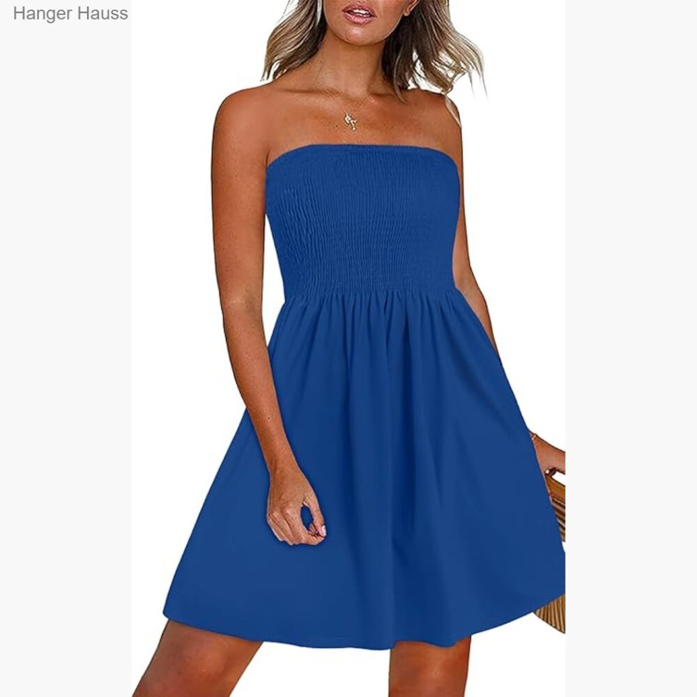 Strapless Boho Floral Sundress, Beach Cover Up, Knee Length, Ruched Back